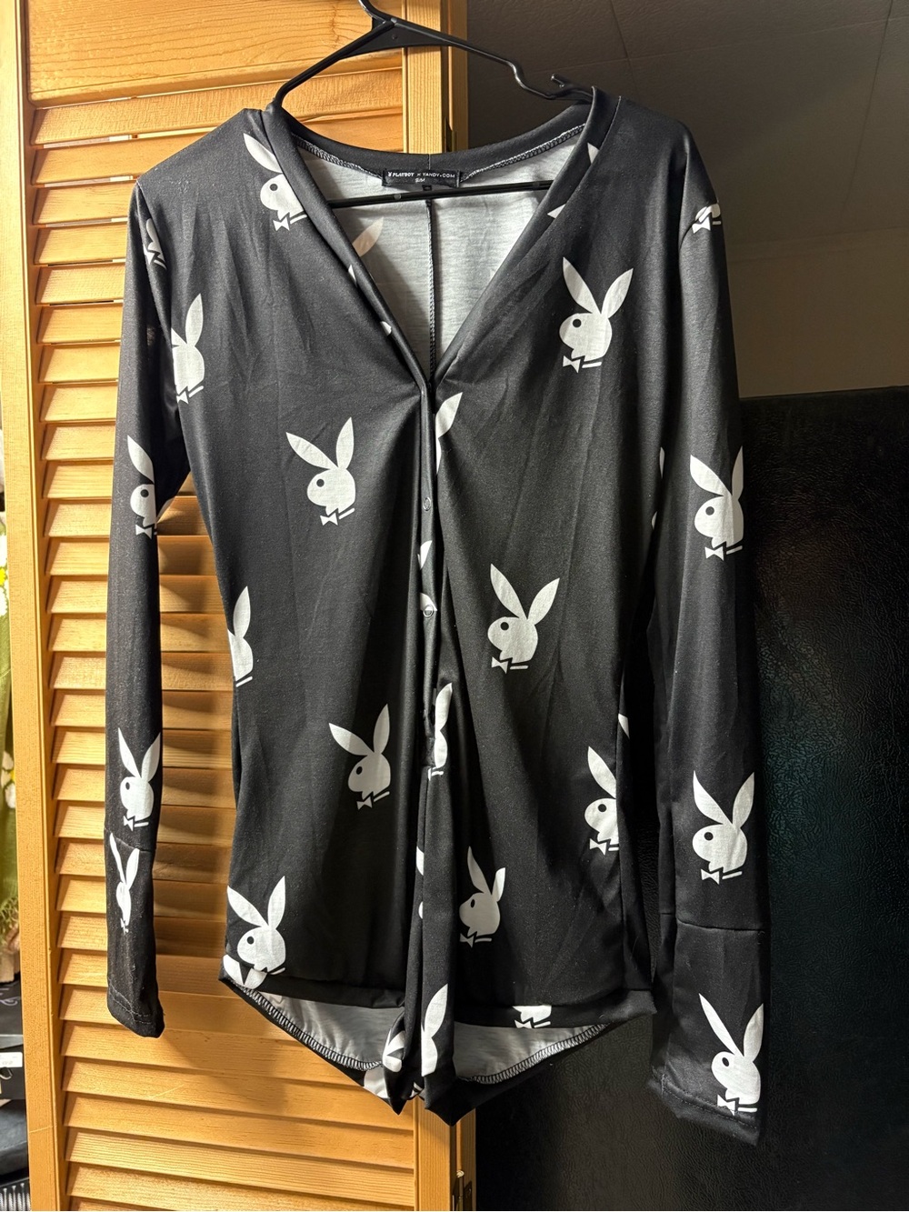 PLAYBOY Black Button-Front Long Sleeve Romper with White Bunny Print